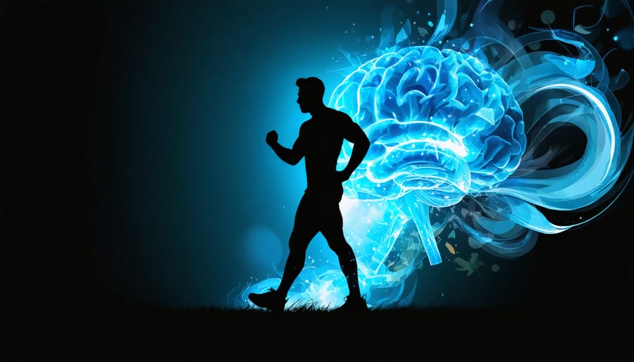 Conceptual illustration of an active man silhouette with swirling energy elements symbolizing vitality, mental clarity, and focus.