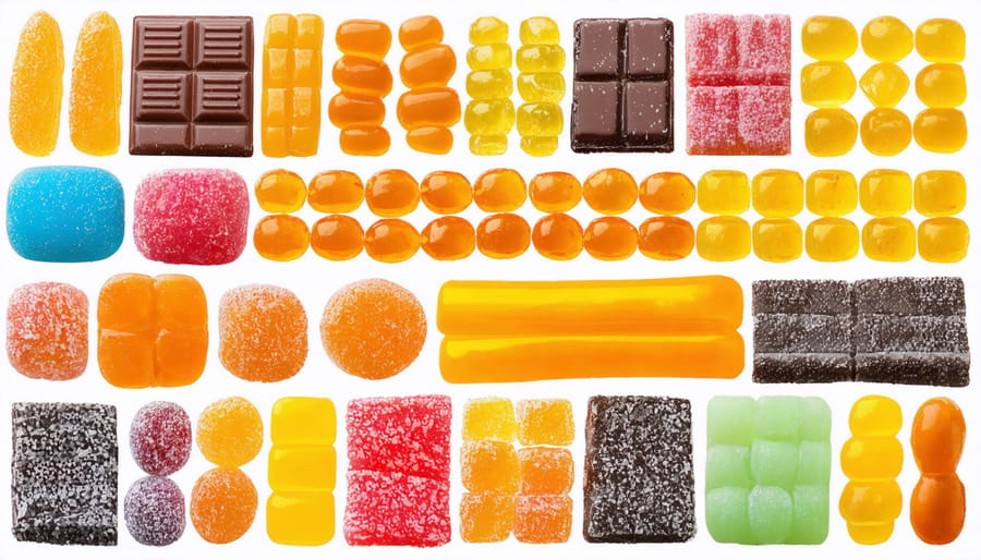 A collage featuring international candies in various colors and designs